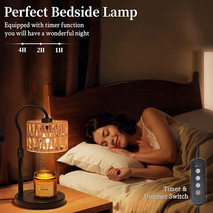 Candle Warmer Lamp,Adjustable Height with 2 Bulbs，Boho Rattan Candle Lamp with Dimmer & Timer, Flameless Fragrance Diffuser for Scented Wax Melts, Mothers Day and Birthday Gifts for Home, Office