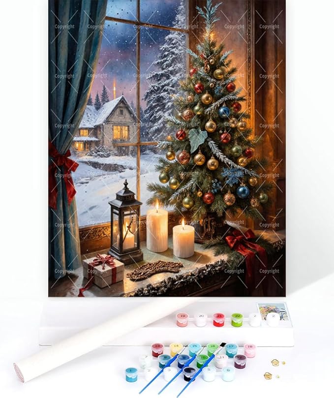 Christmas Paint By Numbers Kit For Adults - Diy Decorated Tree With Candles By Winter Window Painting On Canvas 16X20 Inches, Acrylic Paint Set, Suitable For Beginners, Festive Wall Decor, Unframed