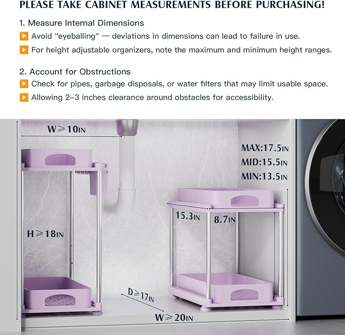 VERIFOST Under Sink Organizer - 2 Pack Adjustable Height, 2 Tier Organizers for Bathroom & Kitchen Sink, Purple