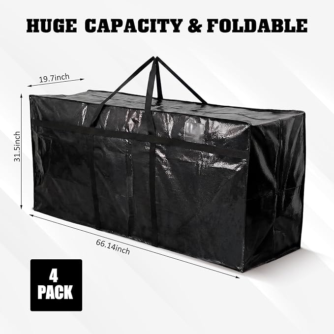 4 Pcs 169 Gallon Extra Large Moving Bags Heavy Duty Storage Bag with Strong Zipper Handle Foldable XXL Jumbo Storage Tote Packing Moving Box for College Dorm Travel Cloth Duffle (Black)
