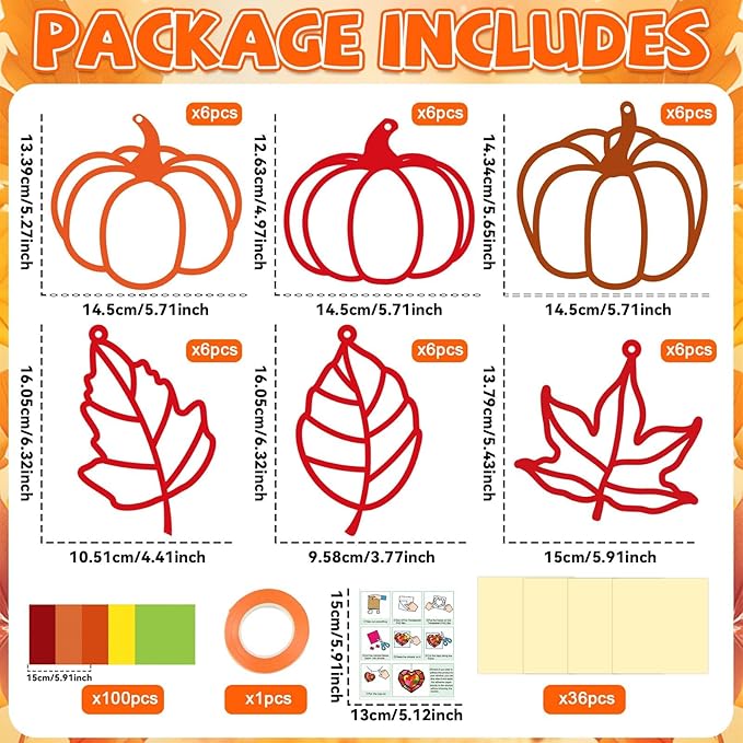 Qyeahkj 36 Set Fall Suncatchers Crafts for DIY Autumn Window Tissue Paper Crafts Kit Maple Leaves Pumpkin Hanging Decor for Thanksgiving Home Activity Art Project Birthday Party Favor Gift
