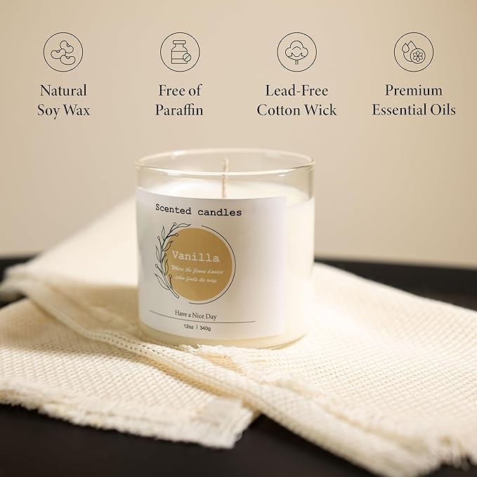 Vanilla Ice Cream Scented Candle – 100% Natural Soy Wax, Cotton Wick, Odor Eliminating, Sweet & Cool Aroma, 12oz, 60 Hour Burn, White – Ideal for Home Decor, Spa, Bath, Parties & Gifts