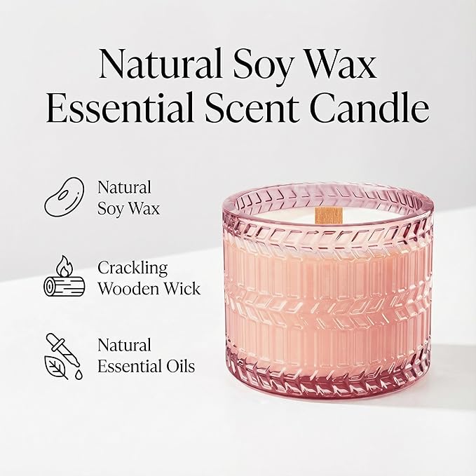 Hidden Label Sandalwood Rose Scented Candle with Crackling Wood Wick, 7.4oz Pink Soy Candle for Home Scented, 55H Clean Burn, Non-Toxic Aromatherapy Candle for Relaxation, Romance & Gifting