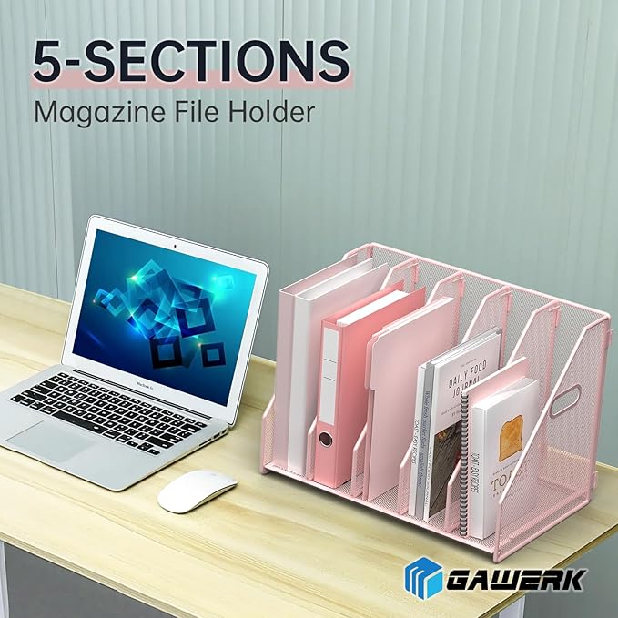 MINDEPOT Desk File Organizer Metal Desk Magazine Folder Holder with 5 Vertical Compartments Rack File Organizer for Office, Home, School (Pink)