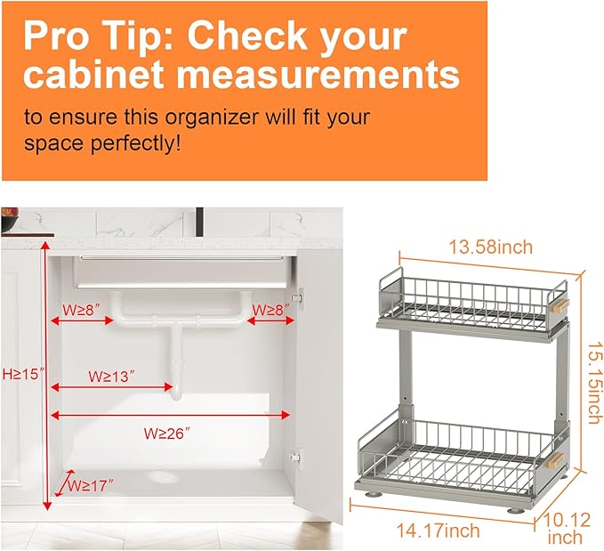 Under Sink Organizer, 2 Tier Pull Out Bathroom Cabinet Organizers and Storage L-Shaped,Multi-Purpose Metal Sliding Drawer Storage Shelf for Kitchen Bathroom, 1 Pack Grey