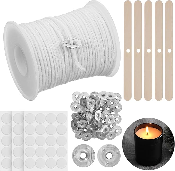 200Feet Natural Cotton Candle Wick Roll, 24-Ply Candle Making Wicks, with 50Pcs Metal Sustainers 3Sheet Candle-Wick Stickers and 5Pcs Wooden Candle-Wick Centering Device,for DIY Craft CandleMaking Kit