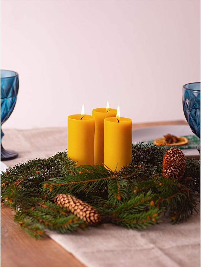 CANDWAX Pure Beeswax Pillar Candles 1.8x4 inch Set of 3-34.5 Hours Burning Handmade Yellow Candles - Smokeless Pure Bees Wax Candle Home Décor