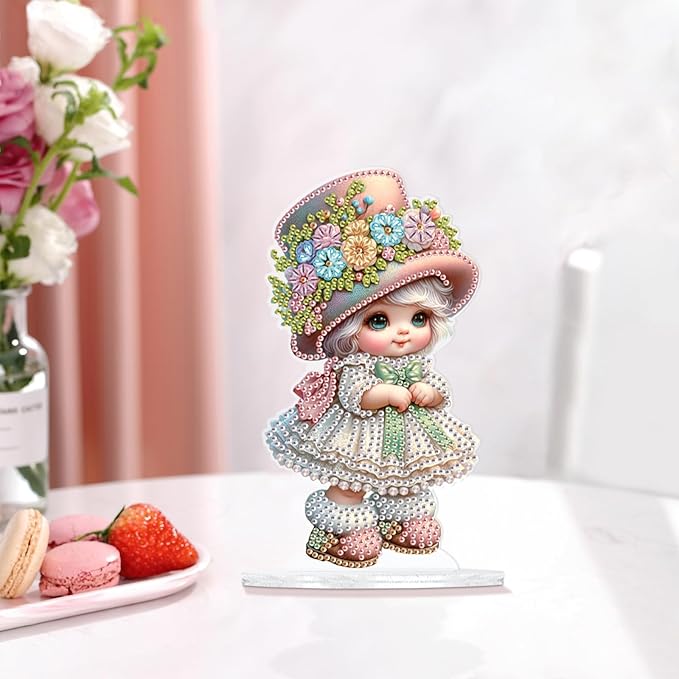 antor 5D Cute Diamond Art Painting Tabletop Ornament Kit, Acrylic DIY Diamond Art Desktop Ornaments Doll Figurine with Floral Hat, Special Shaped Crystal Diamond Painting Table Top Home Office Decor