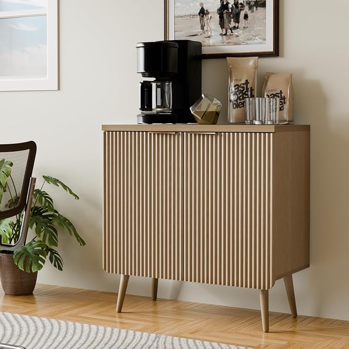 Sideboard Buffet Cabinet with Storage, Modern Fluted Accent Credenza with 2 Doors, Buffet Media Console Entryway Cabinets with Adjustable Shelves for Living Dining Room Hallway, Natual Oak
