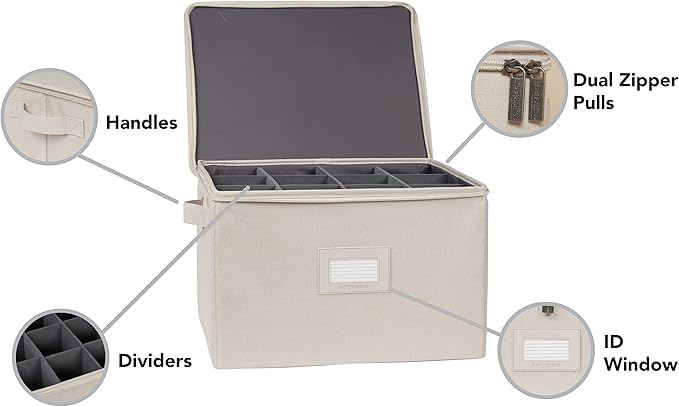 Covermates Cup and Mug Storage Box with Dividers, Stackable Organizer for Coffee Mugs & China Cups, Heavy-Duty Polyester with Handles, Zipper Closure & ID Window, Beige Heather