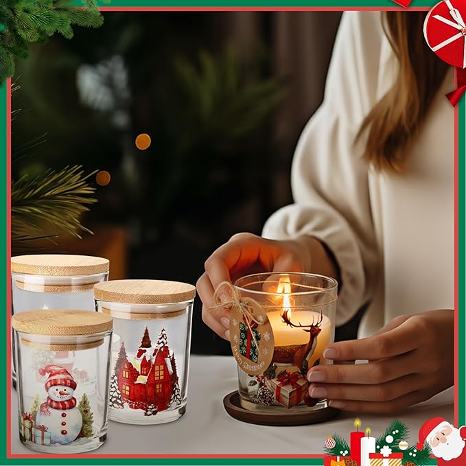 Potchen 12 Pack Christmas Santa Claus Clear Candle Jars for Making Candles 7 oz Empty Glass Jars with Wood Lids and Blessing Card Snowman Candle Containers for DIY Gifts Home Tea Party Holiday Decor