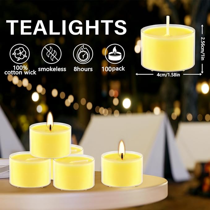 8-Hour 100 Pack Citronella Tealight Candles, Outdoor and Indoor Summer Scented Candle,Natural Soy Wax Candle for Home Patio Garden Yard Balcony,BBQ Birthday Emergency