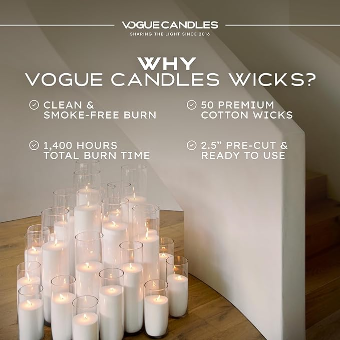 Vogue Candles Cotton Candle Wicks for Candle Making – 50 Pack Clean-Burning Cotton Wicks for Pearled Sand Wax – Self-Extinguishing, Long-Lasting Design for DIY Candles Making Supplies & Home Décor