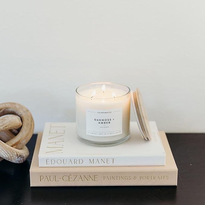 Calyan Wax Co. Oakmoss & Amber 3 Wick Scented Candle - 43 Hour Burn - Luxury 3 Wick Soy Candles - Non Toxic Soy Wax Candles - Long Lasting Large Glass Jar Candle for Home - 14.9oz