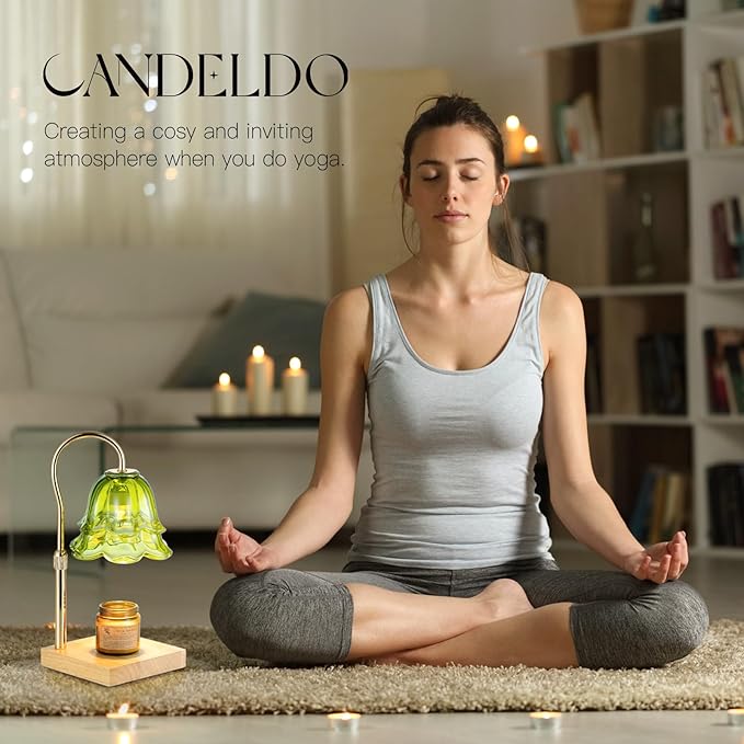 Candeldo Candle Warmer Lamp with Timer: Green Flower Candle Warming Lamp with 2 Bulbs Height Adjustable Wax Warmer Dimmable Bedroom Decor Mothers Day Gift for Women