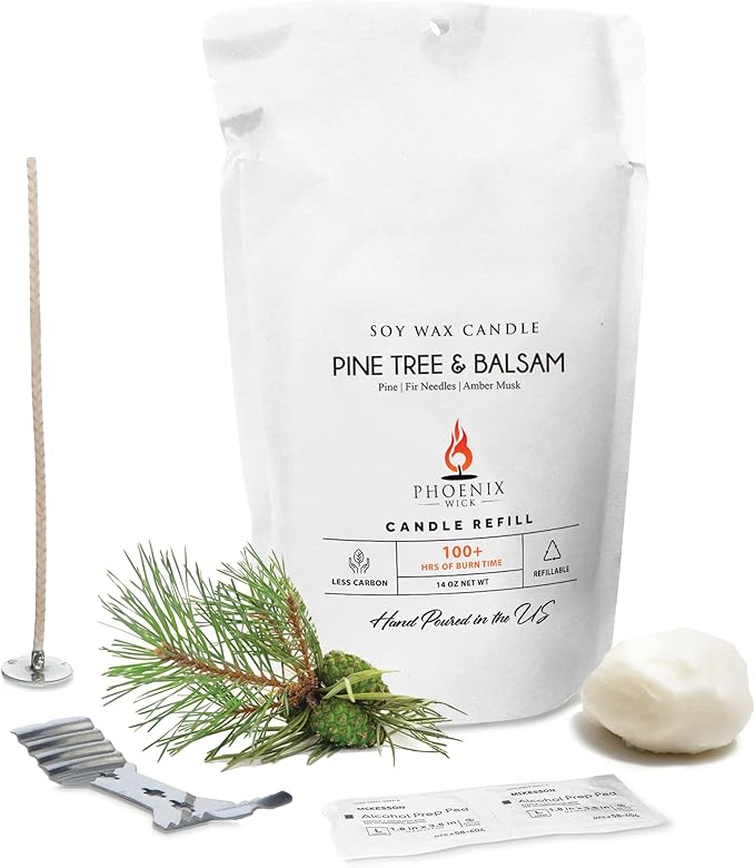 Phoenix Wick Candle Making Kit – Transform Anything Into A Candle – Candle Making Kit with Wick + 14oz Wax (Pine Tree & Balsam Scent)