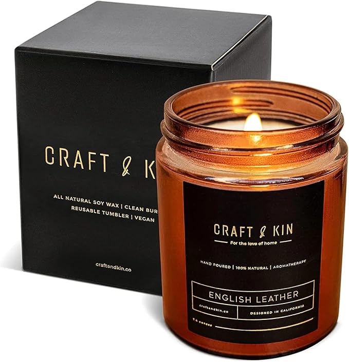 Craft & Kin Scented Candle for Men | Premium English Leather Candle | All-Natural Scent for Home | Long Lasting Winter Candles, 45-Hour Burn Time, 8oz