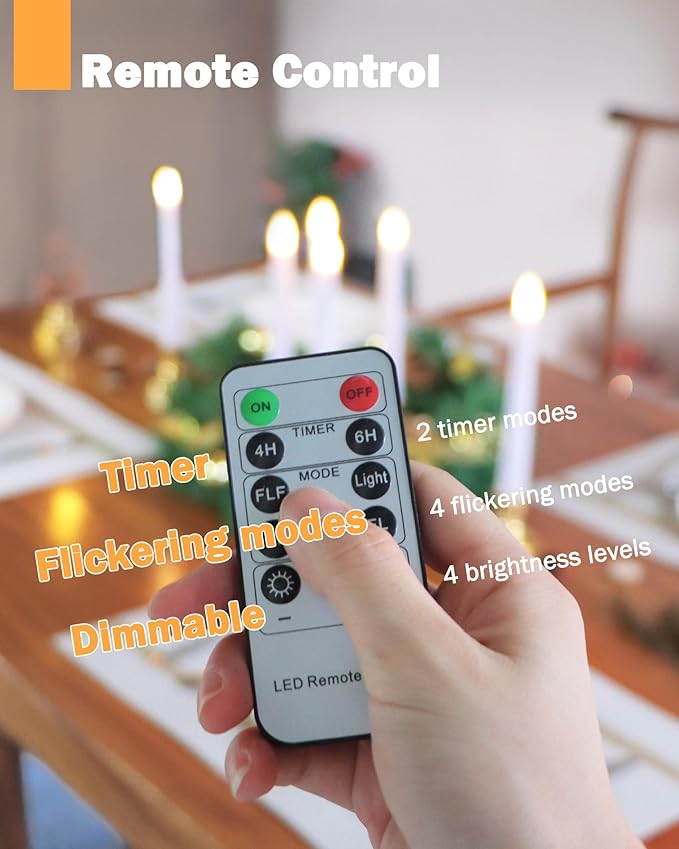 FPOO 6PCS Christmas Window Candles with Timer, Led Flickering Flameless Candles with Remote, Battery Operated Taper Candles Provide Realistic Warm Lights for Home Party Holiday