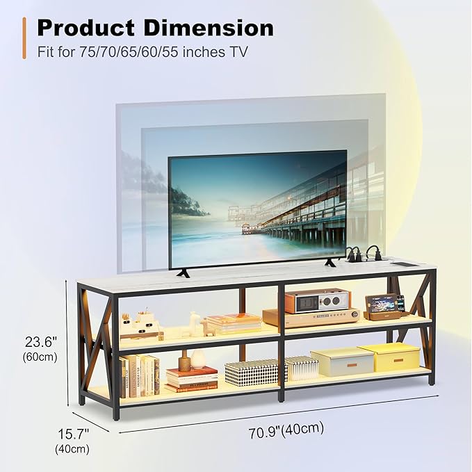 Lvifur LED TV Stand for 65 70 75 inch TV, Auto Sensor Entertainment Center with RGB Dimmable Lights, TV Console Table with Open Storage Shelves and Metal Frame (White)