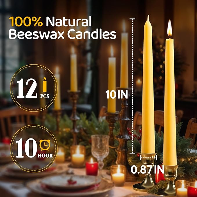 10 in Beeswax Taper Candles,12Pack Dripless Pure Beeswax Candle Sticks,9 Hours Long Burning Natural Bees Wax Candles for Home,Unscented Smokeless Tapered Candlesticks for Dinner