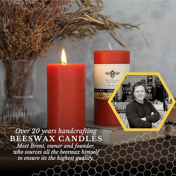 Big Dipper Wax Works Pumpkin Orange Pillar Candle, 90-Hour Long Burn, Pure Beeswax Candle, 3" x 6”