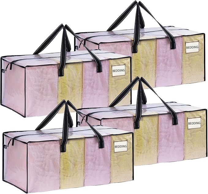 VENO 4 Pack Heavy Duty Moving Bags, Christmas Storage Bins with Lids, Clear Design, Alternative to Moving Boxes, Storage Bags for Clothes, Blankets, Comforters, Pillows, Camping (Clear, 4 Pack)