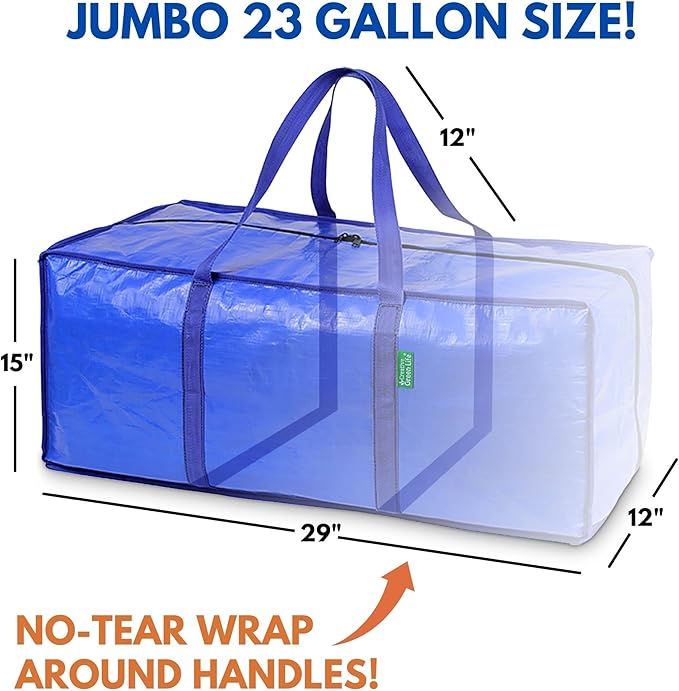 Creative Green Life Extra Large Moving Bags and Clothing Storage Bins with Strong Zipper & Carry Handles, Stackable, Heavy Duty Packing Moving Boxes for College Dorm Room Essentials (Blue, 8 Pack)