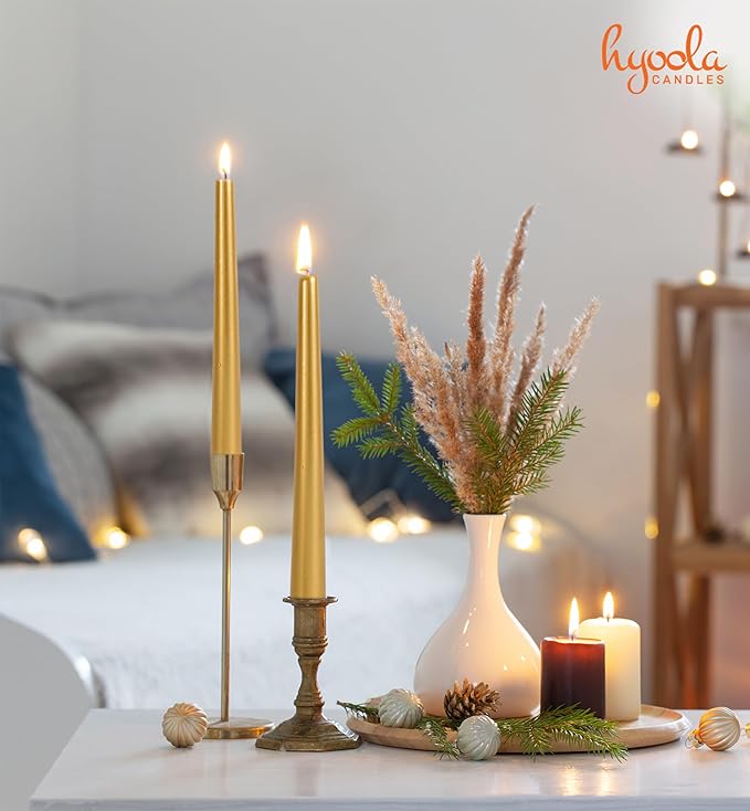 Hyoola Tall Taper Candles - 14 Inch Metallic Gold Dripless, Unscented Dinner Candle - Paraffin Wax with Cotton Wicks - 12 Hour Burn Time (Pack of 12)