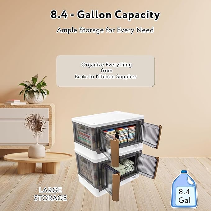 FELICON 8.4 Gallon 3 Pack Stackable Storage Bins with Lids,Doors,Wheels,Collapsible Organizer Foldable Container,Wardrobe Closet for Bedroom Living Room Neat,Dorm,Organized Homes(White)