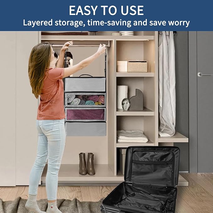 esouler Suitcase Organizer, Travel Luggage Organizer hanging packing cubes for travel，portable hanging travel shelves Collapsible closet organizer for Carry-on (Grey, Medium)