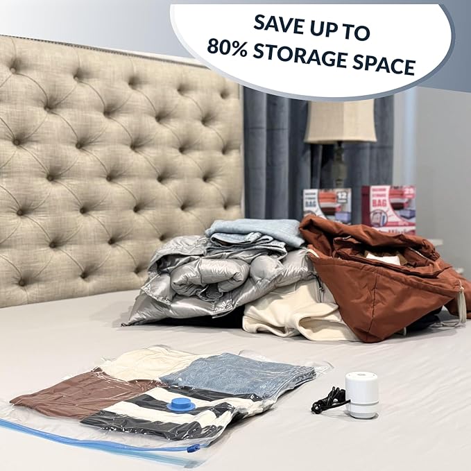 12 Pack Vacuum Storage Bags With Electric Pump, Compression Space Saver for Comforter, Bedding, Blanket Storage, Vacuum Seal Bags for Clothing, Luggage and Closet Organizer
