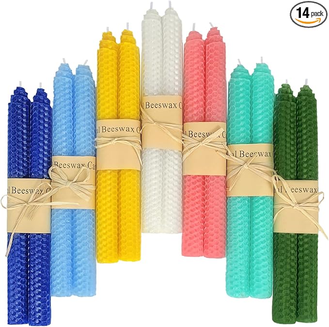Lacaser Natural Beeswax Taper Candles Bulk Set,9" Long Candlesticks, Dripless & Unscented, 4 Hour Burn Time, Easter Taper Candles, 14 Pack