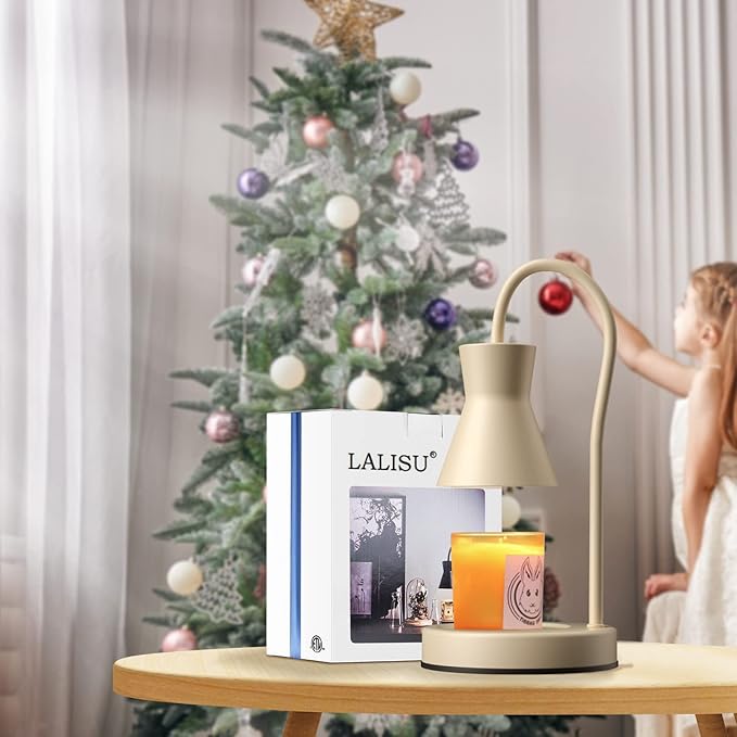 LALISU Candle Warmer Lamp with Timer and Dimmer, Vintage Electric Candle Melter with 2 Bulbs, Melter Scented Candle Height Adjustable Compatible with Jar Candles, House Warming Gifts (Beige)