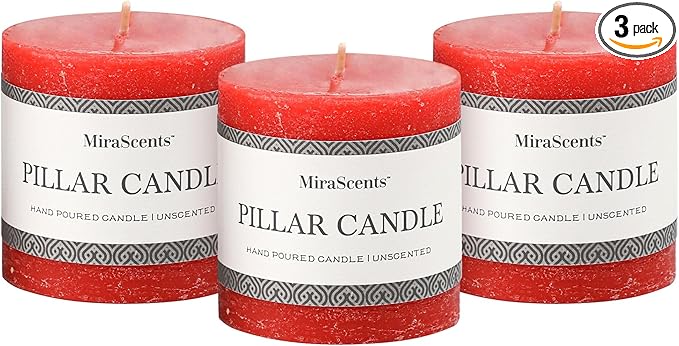 3x3 Inch Bright Red Pillar Candles Set of 3 - Hand-Poured Unscented Candles, Long Clean Burning, Large Big Candle, Smokeless Dripless Candle for Dinner Table, Wedding, Home, Rustic Decor