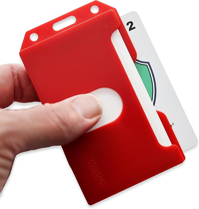 2 Pack - Heavy Duty 2-Sided Rigid Multi Card Holder - Hard Plastic Vertical ID Badge Holders for 2 Standard or Thick Prox Cards, Fuel Card, CAC, Work Badge, or Credit Cards by Specialist ID (Red)