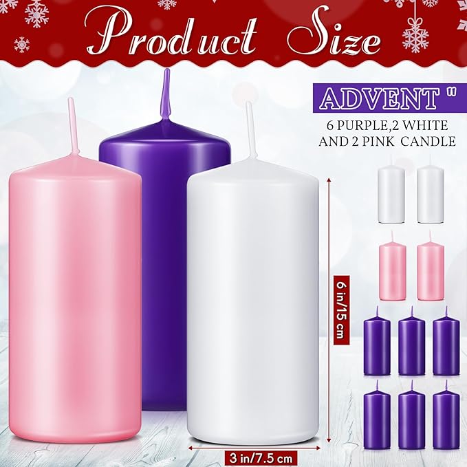 Amylove 10 Pcs 3 x 6 Inch Advent Pillar Candles Set Pink Purple Christmas Unscented Lasting Burning Church Candles for Advent Wreath Holiday Gifting