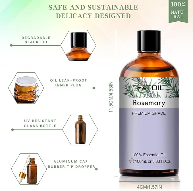 PHATOIL 3.38FL.OZ Rosemary Essential Oil, for Aromatherapy Diffusers, Humidifiers, Great for DIY Candle and Soap Making, Huge 100ML Bottle