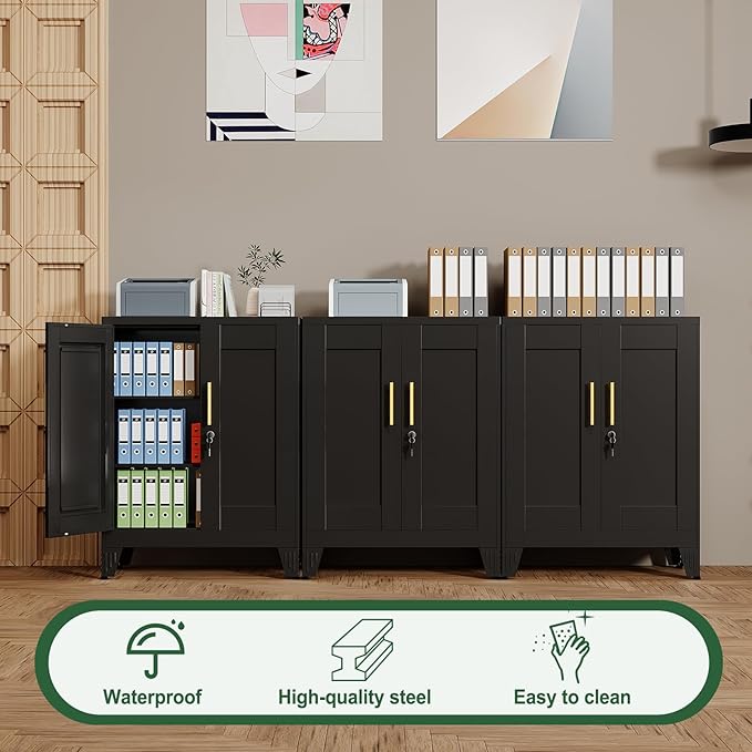 Black Metal Storage Cabinet, 36" Tall Locking Storage Cabinet with 2 Adjustable Shelves, Steel Locker Organizer, for Office, Home, School