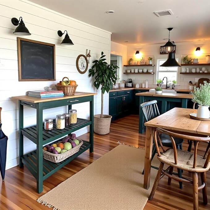 Furnifact Solid Wood Kitchen Island with Drawer, 2 Open Shelves, Hunter Green Base and Natural Top, Island Table for Kitchen Storage and Food Prep