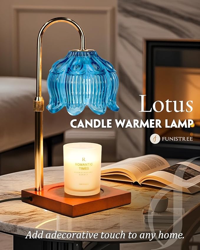 Blue Candle Warmer Lamp with Timer Dimmable, Adjustable Height Mothers Day Birthday Gifts for Women Mom, House Warming Gifts New Home Room Decor, Lotus Flower Candle Lamp Warmer for Jar Candle