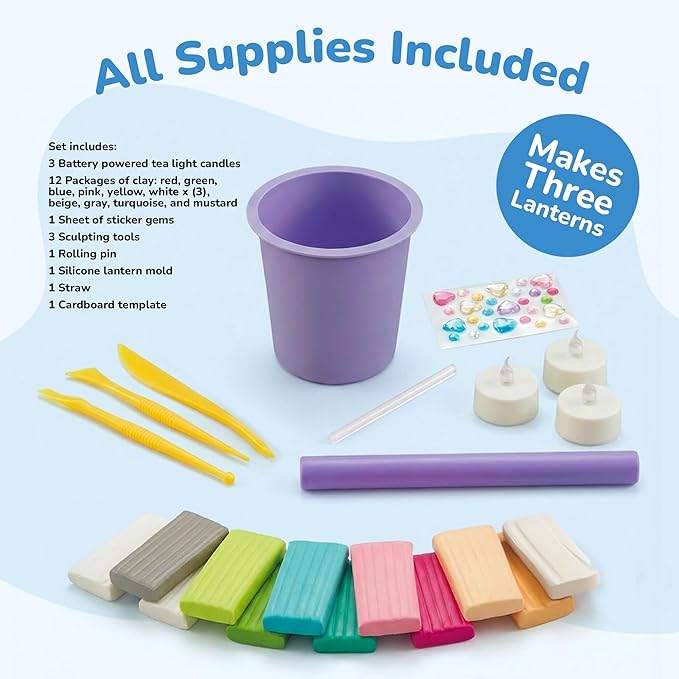 ArtCreativity DIY Clay Lanterns Making Kit - Makes 3 Lanterns and 3 Jewelry Bowls - Kids Lantern Making Kit with 12 Clay Packages, 3 Battery Tea Light Candles, Sticker Gems, and More Craft Supplies