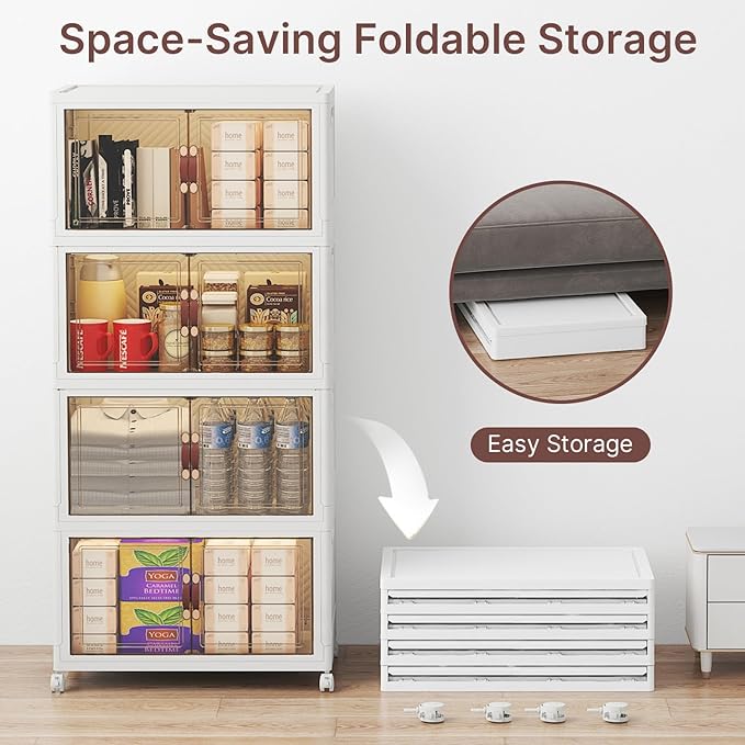 UAMFURI Stackable Storage Bins with Lids, 192QT Closet Organizers, Lockable Storage Cabinet，Foldable Storage Box with Doors and Wheels, Plastic Drawers for Home, Garage, Office (4, White, Medium)