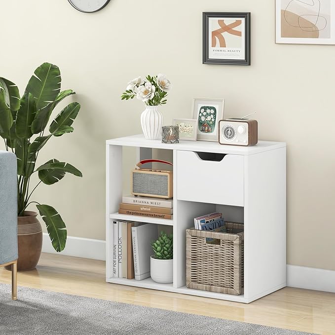 LOKO 3-Cube Bookshelf with Drawer, 2-Tier Open Shelf Bookcase, Freestanding Display Shelf, Modern Home Storage Organizer, Shelving Unit for Living Room, Bedroom, Study, Office (1, White)