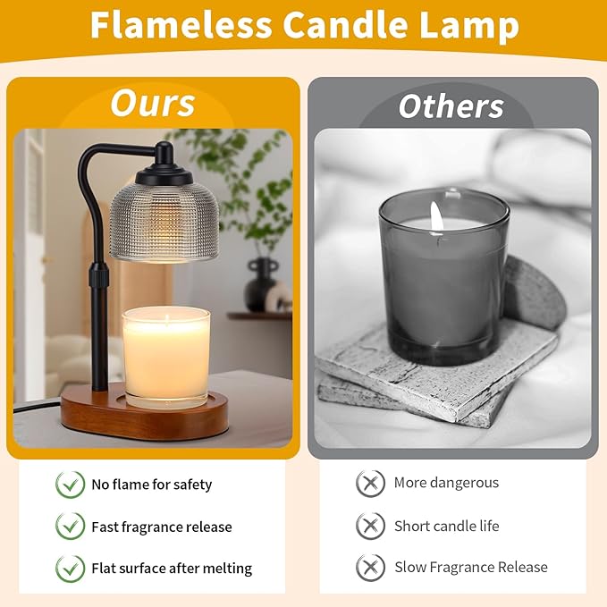 Black Wood Candle Warmer with Timer,Farmhouse Glass Candle Melting Lamp,Adjustable Height Electric Wax Melt Warmer with 2 Bulbs,Remote,Dimmable for Home Decor,Gift for Her