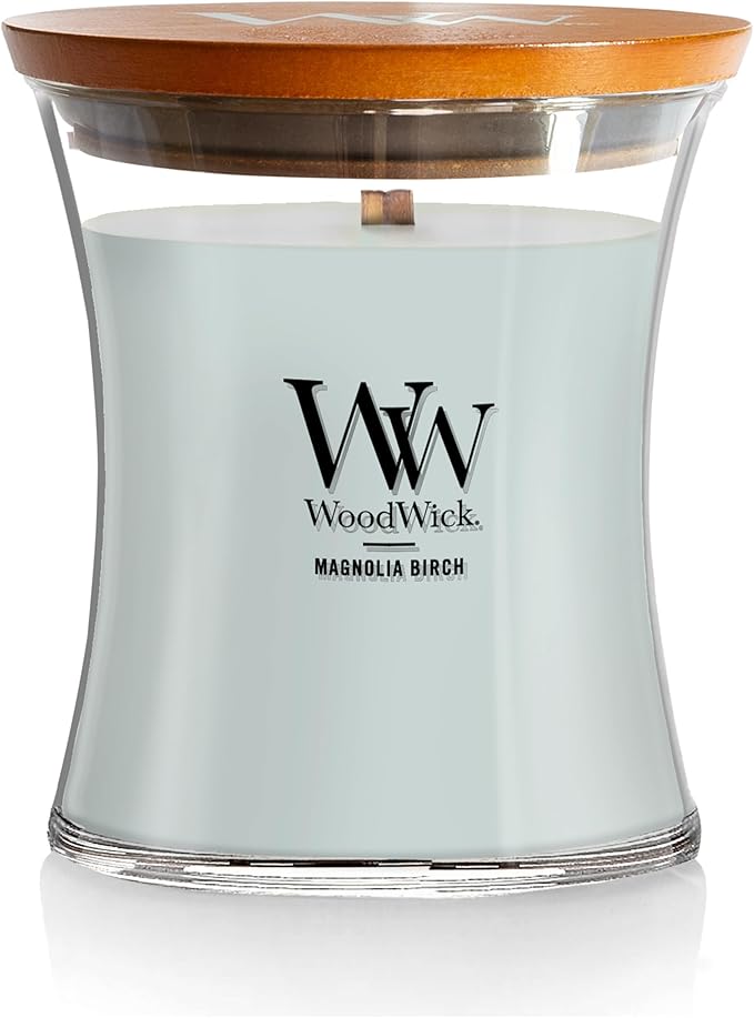 WoodWick Magnolia Birch Holiday Candle Gifts for Women and Men, 9.7 oz Medium Hourglass Candle with Crackling Wick