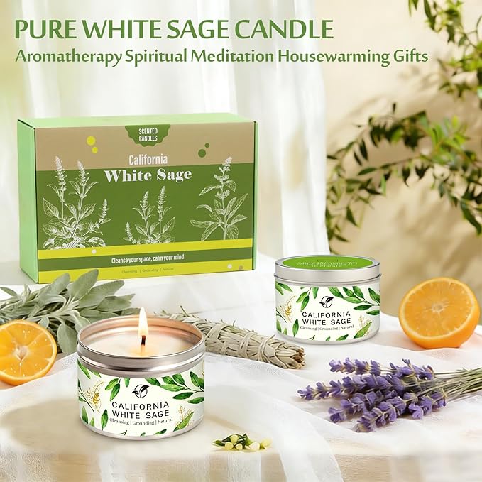 Sage Candle Gift Set, 6-Pack 6oz Natural Soy Wax Candles - Smokeless Clean Burn, Lead-Free Cotton Wicks, Calming Aromatherapy for Housewarming Spring Gifts for Women