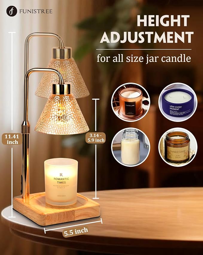 Funistree Candle Warmer Lamp with Timer Dimmable, Adjustable Height, Christmas Anniversary Women Gifts for Her Girlfriend, House Warming Gifts New Home, Wax Warmer Lamp for Jar Candles with 2 Bulbs