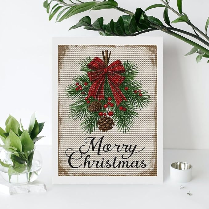 AIVKIEJK Diamond Painting Kits for Adults - Merry Christmas Holly, Pine Cones & Red Plaid Bow Painting DIY 5D Full Drill Diamond Dots Paintings with Diamonds Gem Art and Crafts Home Decor 12"x16"