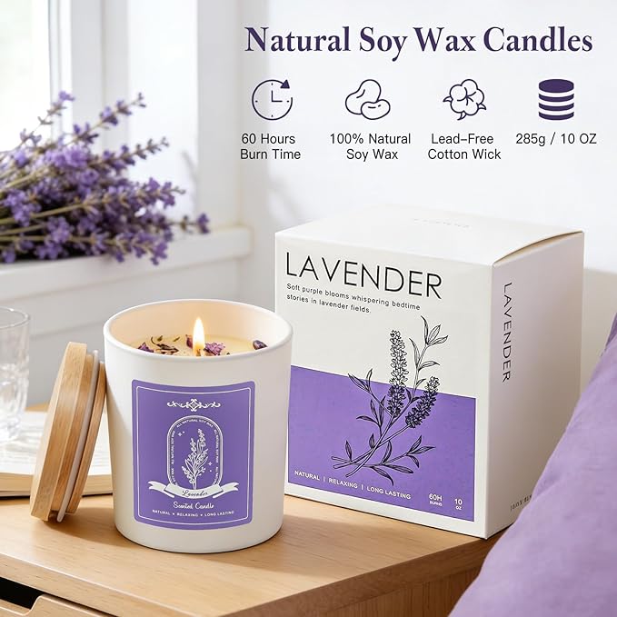 Lavender Scented Candle Gift - 10oz Natural Soy Wax with Crystals, 60H Long Lasting Aromatherapy Candle for Relaxation, Birthday Mother's Day Gifts for Women