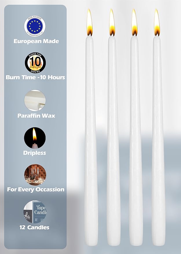 12 Pack Tall Taper Candles - 12 Inch White Dripless, Unscented Dinner Candle - Paraffin Wax with Cotton Wicks - 10 Hour Burn Time